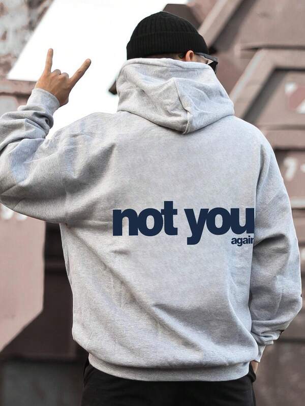 هودي سويت شيرت رجالي بقصة فضفاضة وطبعة حروف بارزة 'not You Again' بلون رمادي الشوفان، ستايل بسيط وكاجوال، بلوفر للربيع والخريف