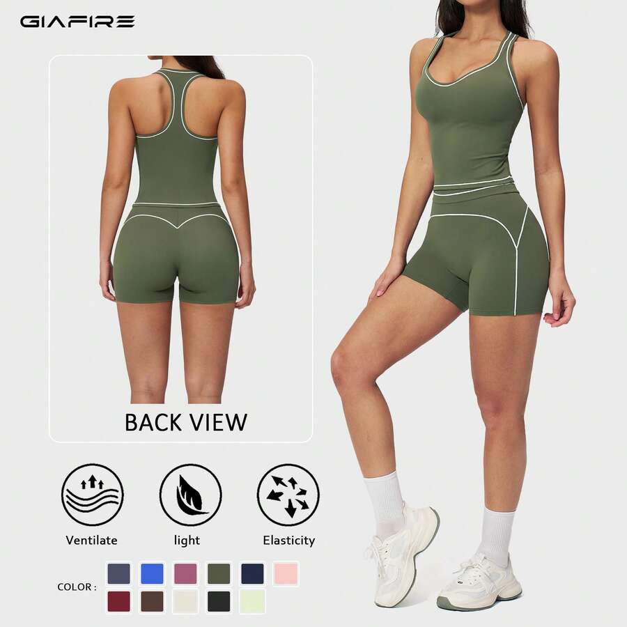 GIAFIRE 2026 新款女款 2 件式健身套裝，緊身瑜伽背心，快乾高腰提臀收腹皮拉提跑步運動刷毛寬腿褲，戶外休閒舒適健身套裝