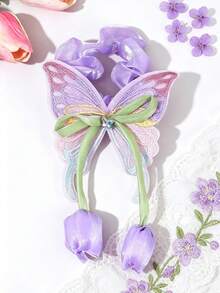 1 pièce Élastique à cheveux tulipe, jolis chouchous pour queue de cheval, papillon fairycore pour filles étudiantes, rentrée scolaire, vie de campus, vacances, accessoire de cheveux fairy girl - Multicolore - Voir 4