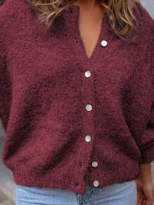 Sylvia Women's Autumn/Winter Solid Color Minimalist Basic Button-Up Round Neck Slimming Loose Knit Cardigan, Gentle Daily Commute - Burgundy - View 3