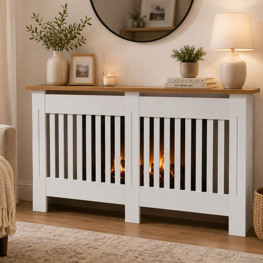 Gr8 Home Large White Wooden Radiator Cover MDF Slatted Grill Cabinet Display Shelf 152cm - Slatted - View 1