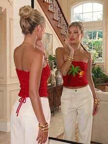 AELITH Women's Crochet Knit Tropical Embroidered Tube Top, Cute Summer Vacation Style, Beach Style - Burnt Orange - View 2