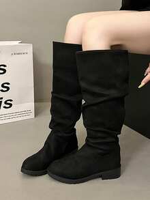 New Women's Autumn/Winter Fashion Ruched Black Versatile Slip-On Knee-High Boots, Comfortable Plus Size Chunky Heel Wide Shaft Retro Riding Boots - Black - View 2
