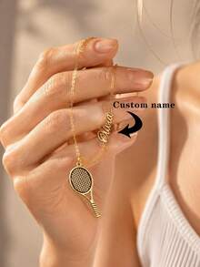 1Pc Custom Green Square Zirconia Name Necklace For Women Gold Color Stainless Steel Badminton Racket Necklace Birthday Party Jewelry Gift - Multicolor 1 - View 4