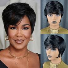 Natural Ombre 1B/27 Gradient Pixie Short Wig, Full Lace Human Hair Wig, 4 Inch Short Wig, Brazilian Remy Layered Wig, Short Pixie Wig, Human Hair Wig For Women, Burgundy 1B/99J Multicolor Lace Front Wig, Halloween And Christmas Costume - 黑色 - 查看 6