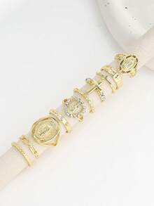 10 piezas de anillos de cruz dorados vintage, anillos apilables de banda fina con cruz hueca tallada y corazón, conjunto de joyería de mano versátil y personalizado de estilo hip hop para mujeres - Dorado - Ver 3