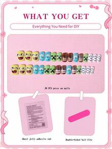 Sanrio Hello Kitty 30片短方型3D凝膠法式穿戴甲，可愛DoMo、機器人、愛心與星星圖案，適用於壓克力假指甲套組，含1片果凍膠與1片指甲锉，適合女性與女孩日常、派對與聚會使用 - 彩色 - 查看 4