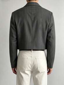 WAIT HIM Men's Casual Short Striped Blazer - Dark Grey - View 2
