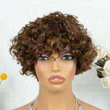 AMECIRE Curly Wig Pixie Cut Wig Human Hair Wigs Brown Short Hair Wig With Bangs Wigs For Women Stylish Design Mechanical Manufacturing Suitable For All People - S4 - View 7