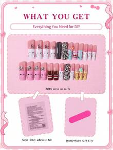 Sanrio Hello Kitty 24片長方形3D凝膠法式穿戴甲，可愛Hello Kitty與DoMo、星星、水鑽與花朵設計，完美貼合壓克力假指甲套組，含1片果凍膠與1片指甲锉，適合女性與女孩日常與派對使用 - 彩色 - 查看 4