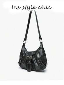 Simple Ruched Shoulder Bag Front Large Buckle Design Side Small Strap Decor Adjustable Single Strap Lightweight Armpit Bag For Shopping Casual Use - Black - View 4