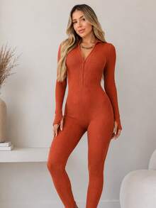Women's Fitted Ribbed Jumpsuit With Front Zipper And Elegant Long Sleeves, Knit Fabric, Winter - Rust - View 3