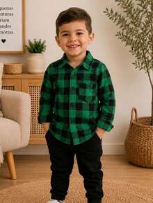 Long-Sleeved Flannel Plaid Shirt - Cuadros verde oscuro - Ver 1