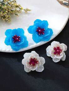 1 Pair/2 Pairs Begonia Flower Earrings, Niche Design, Gentle Blue And White Multi-Layer Petal Ear Studs - Braided Earrings - View 4