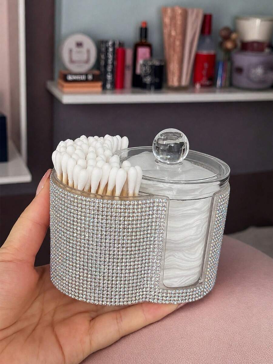 2-In-1 Rhinestone Plastic Storage Box, Desktop Makeup Organizer With Dual Round Compartments, Transparent Cosmetic Storage Box With Double Grid Design - Modern Vanity Storage Box With Lid, Bathroom Sink Organizer, Suitable For Makeup Brushes, Lipsticks, Beauty Tools - Multicolor - View 1