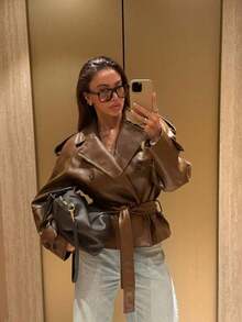 Spring/Summer New Long Sleeve Lapel PU Leather Premium Casual Cinched Waist Commuter Motorcycle Jacket Top - Khaki - View 2