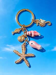 1pc Summer Marine Style Key Chain With Pearl Starfish, Seahorse, Seashell & Pink Ceramic Fish Beads Fashion Handbag Accessory - Multicolor - View 1
