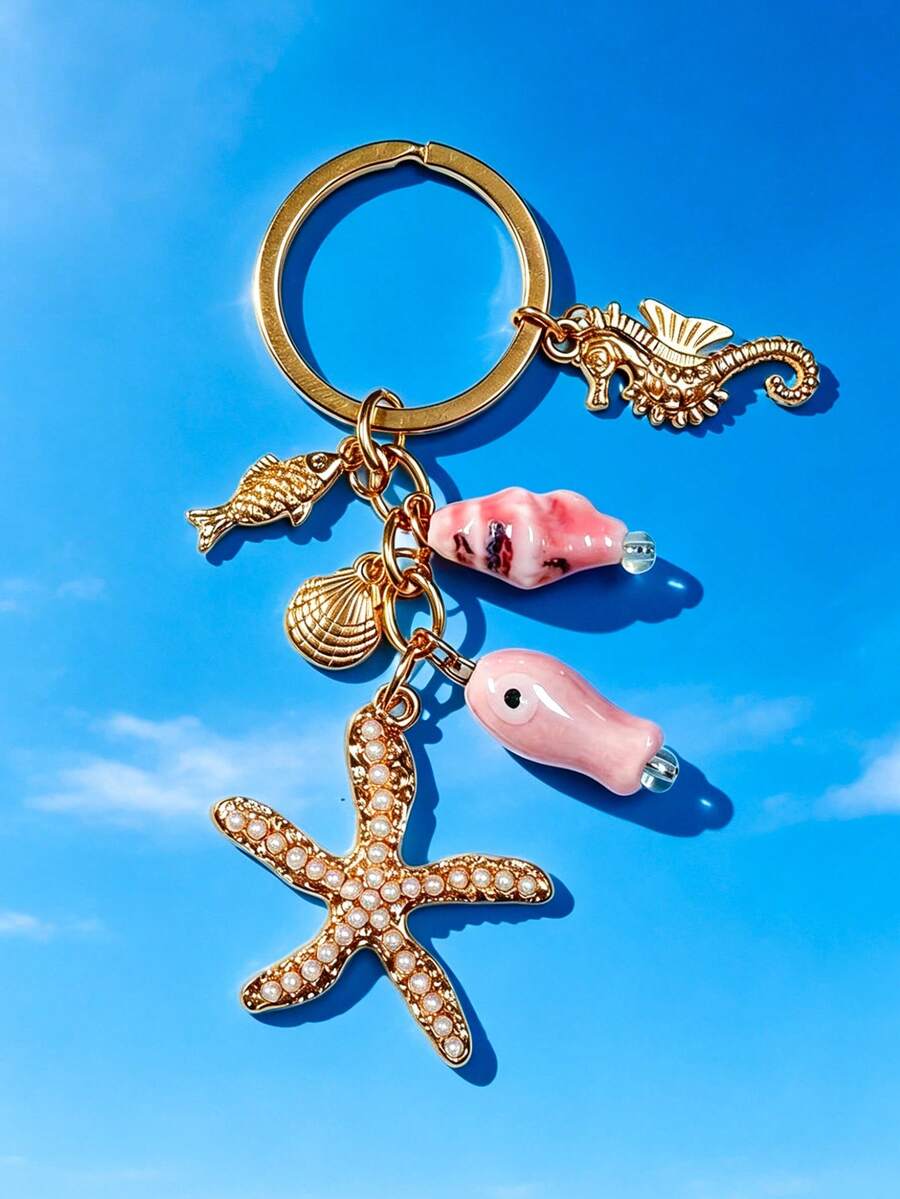 1pc Summer Marine Style Key Chain With Pearl Starfish, Seahorse, Seashell & Pink Ceramic Fish Beads Fashion Handbag Accessory - Multicolor - View 1