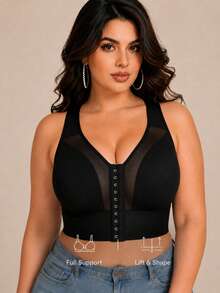 1pc Plus Size Front Closure Mesh Racerback Wireless Bra, Wide Y-Shaped Straps, Fixed Padding, Women's Support Tank Top Style Bra - Black - View 1