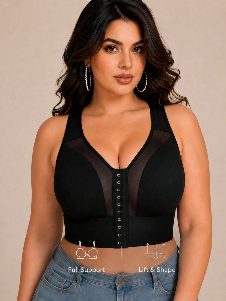 1pc Plus Size Front Closure Mesh Racerback Wireless Bra, Wide Y-Shaped Straps, Fixed Padding, Women's Support Tank Top Style Bra - Black - View 1