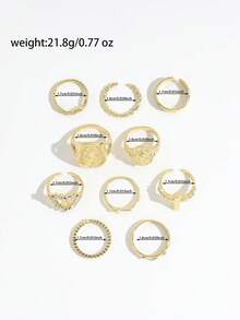 10 piezas de anillos de cruz dorados vintage, anillos apilables de banda fina con cruz hueca tallada y corazón, conjunto de joyería de mano versátil y personalizado de estilo hip hop para mujeres - Dorado - Ver 6
