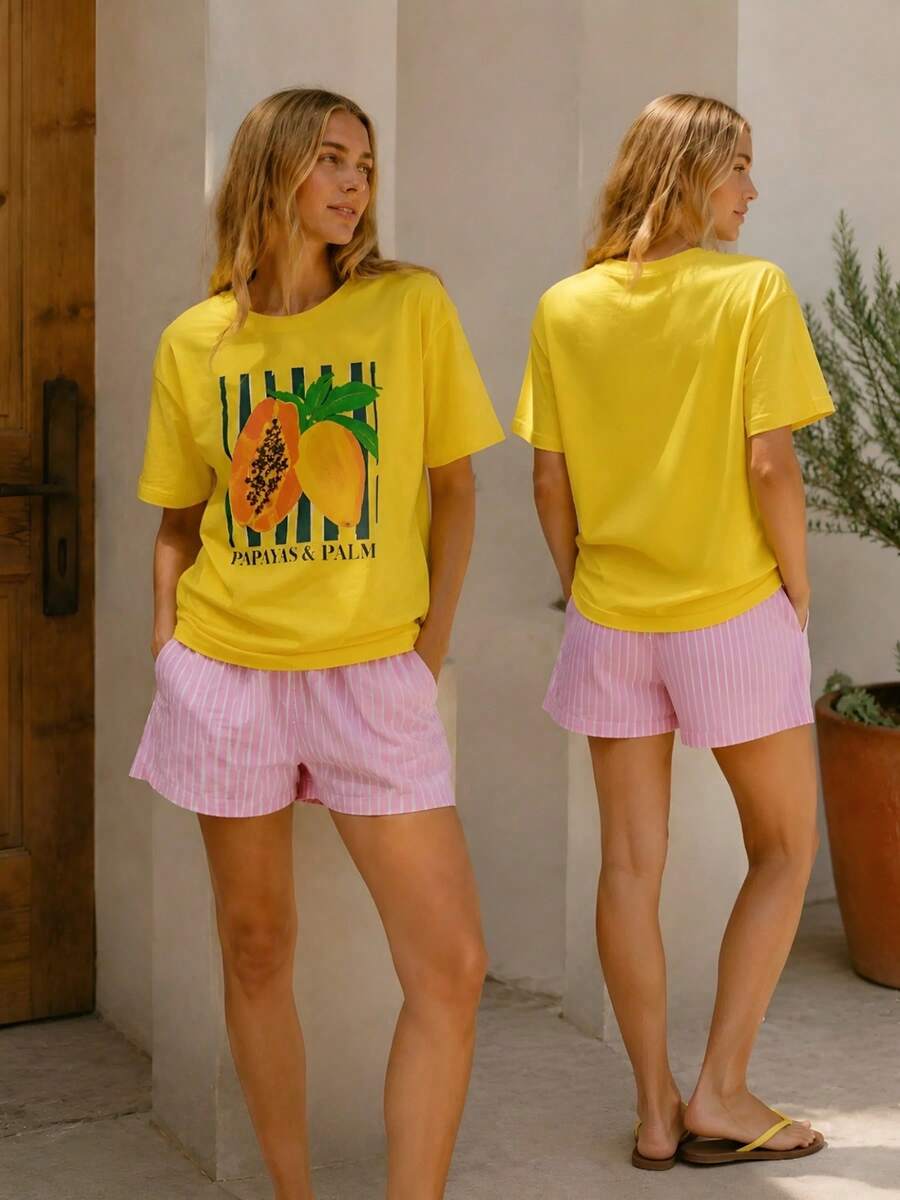 2026 Summer Women Round Neck Tee, Watercolor Papaya Mango Print, Soft Breathable Casual Top Daily Vacation, Free Shipping Ship In 24H. - 黃色 - 查看 1