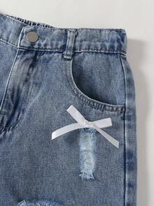Girls' Distressed Wide Leg Jeans With Bow Decor, Elastic Waist Loose Fit Denim Pants, Casual Streetwear Back To School Outfit, Autumn/Winter - Medium Wash - View 6