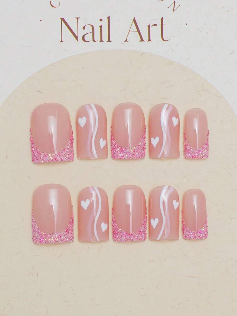 10pcs Handmade Square Press-On Nails, Acrylic Short Pink Nails With Glitter French Tip Line Heart Design, Y2K Summer DIY Fake Nail Art, Suitable For Party, Daily, Date, Beach Tropical Vacation Outfit, Women Girls Gift Nail Supplies - Pink - View 1