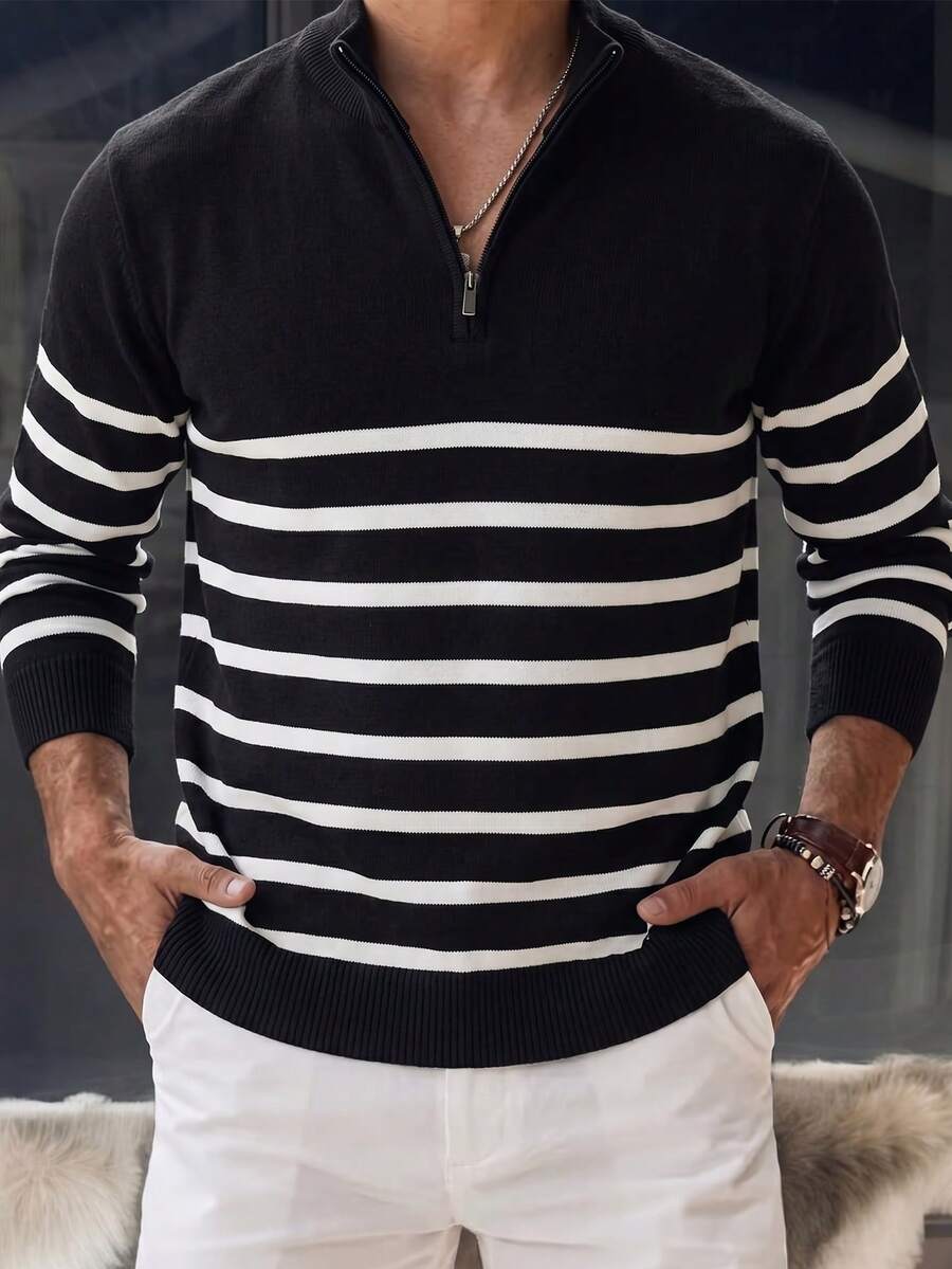 Men's Colorblock Casual Versatile Daily Wear Long Sleeve Polo Shirt - Black - View 1
