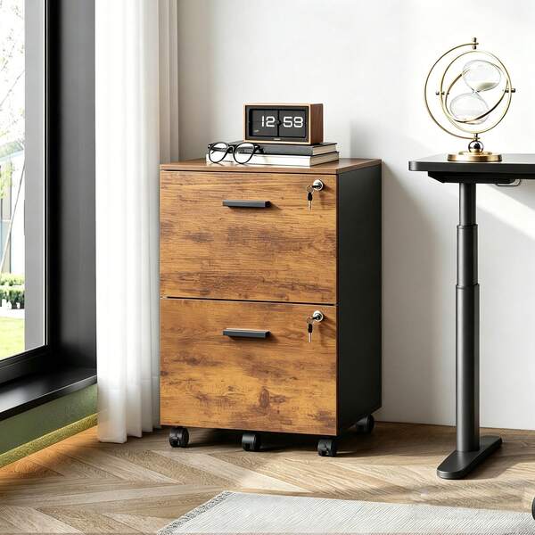 2 Drawer File Cabinet With Printer Stand, Rolling Mobile Wood Filing Cabinet For A4 & Letter Size Files, Under Desk Home Office Storage Organizer