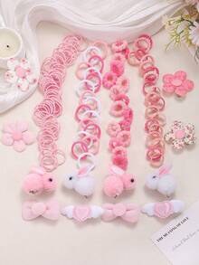 199pcs Pink Kids Sweet Cute Hair Accessories Set, Includes 3D Plush Rabbit/Flower/Heart Wings/Bow Hair Clips And Multiple High Elasticity Basic Hair Ties, Suitable For Children's Daily/Party/Photo Use - Multicolor - View 4
