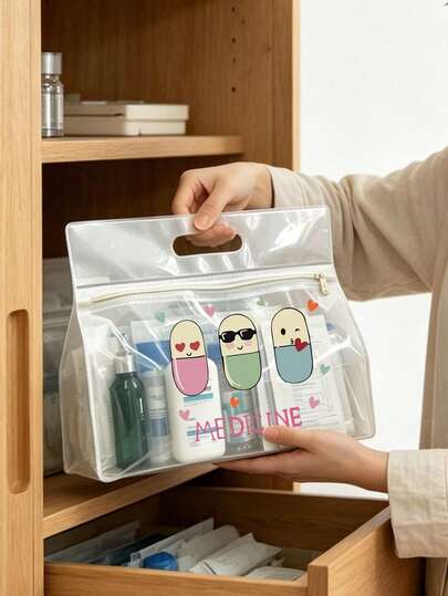Bolsa de almacenamiento transparente de PVC con estampado de "medicina", kit de primeros auxilios portátil e impermeable, bolsa de almacenamiento de medicina con estampado lindo, con asa, bolsa de medicina, caja de medicina, kit de primeros auxilios, bolsa de maquillaje, monedero, apto para uso diario/exterior/viajes, almacenamiento de medicina conveniente, puede organizar medicina, cosméticos, teléfono y otros artículos pequeños, esencial de viaje, regalo del Día del Maestro, bolsa de regalo personalizada, intercambio de regalos pequeños, decoración de habitación, kit de primeros auxilios para dormitorio, vacaciones, regreso a la escuela, temporada escolar, viaje diario, esencial del hogar