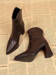 Elegant Pointed Toe Chunky Heel Brown Ankle Boots For Women, Autumn/Winter New Back Zipper Mid-Calf Boots - Brown - View 2