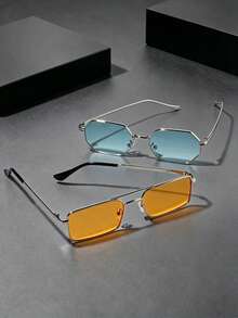 2 Pairs Unisex Thin Silver Metal Fashion Glasses Set, Hexagon Gradient Lenses + Double Bridge Rectangular Solid Color Lenses, Alloy Metal Frame, Retro Minimalist Gentleman Style Glasses, Suitable For Spring/Summer Daily Commute, Driving And Travel - 2111 Silver Gradient Green + 345 Silver Orange - View 2