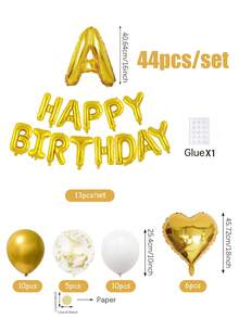 44件組 16英吋金色 Happy Birthday 字母鋁箔氣球套裝，含金白色乳膠氣球與愛心鋁箔氣球，英文生日字母裝飾，派對場景裝飾，香檳金氣球，居家派對背景裝飾，適用新年、畢業、生日派對裝飾 - 彩色 - 查看 8