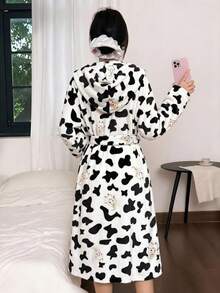 Autumn/Winter Women's Plush Cow Print Hooded Long Robe Loungewear - Black and White - View 2