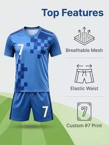 Kids Blue Plaid Size 7 Football Uniform Set, Boys Short Sleeve Shirt And Shorts Sports Training Jersey - Navy Blue - View 1