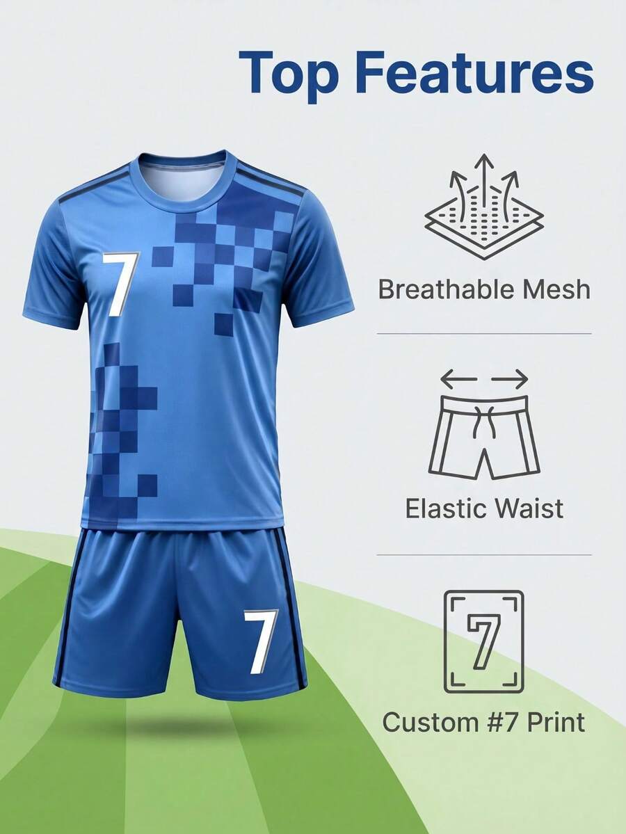 Kids Blue Plaid Size 7 Football Uniform Set, Boys Short Sleeve Shirt And Shorts Sports Training Jersey - Navy Blue - View 1