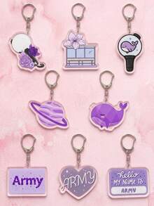 1Pc/8Pcs BangTang K-Pop Theme Fan Support Pattern Keychain, Cute Asymmetrical Shape Metal Clasp Functional Bag Decoration, Suitable For Fan Meetings, Concert Support, Birthday Gifts, Student Backpack Decoration, Peripheral Collection, Holiday Celebration And All-Season Use - Multicolor - View 5
