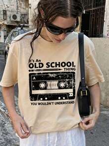 Cute & Casual Women's Short Sleeve Cotton Tee With Retro Cassette Tape Design, Round Neck And Rib-Knit Details For School,Y2K,Outings,Autumn - Light Apricot - View 7