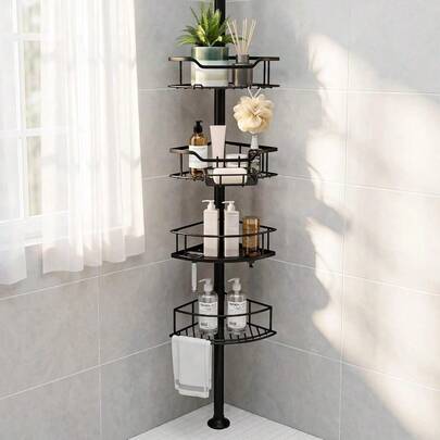 Corner Shower Caddy Tension Pole, 4-Tier Fan-Shaped Adjustable Rustproof Bathroom Organizer Shelves, 47"-125'', No-Drill Quick Installation Inside Shower, Bathtub, Black (BLACK)