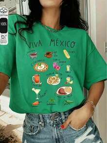 2026 Fashion Women's Cotton T-Shirt Casual Quality Short Sleeve T-Shirt With Round Neck And VIVA MEXICO Print, Food Style, Casual Top, Women's Clothing For Spring And Summer Unisex Basic T-Shirt - 綠色的 - 查看 8