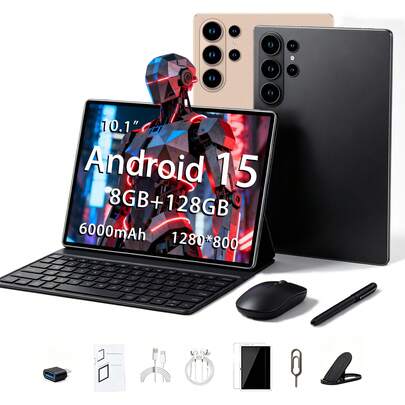 UODEGA New 10.1-Inch Tablet PC, Android 15O Perating System, 2-In-1 Tablet With Keyboard,Mouse, Protective Case, Stylus, 128GB ROM + 8GBRAM, Supports 1TB Expansion, 5MP+16MP Camera,6000Mah Battery, 1280*800 IPS HD Display, Tab, Wi-Fi6, Tablet,Pad