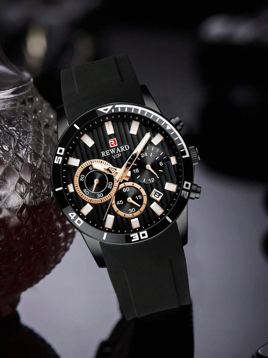 REWARD Men's Quartz Watch Silicone Strap Business Fashion Style Calendar Display Luminous Hands Multifunction High Quality Gift Classic Watch - Black - View 1