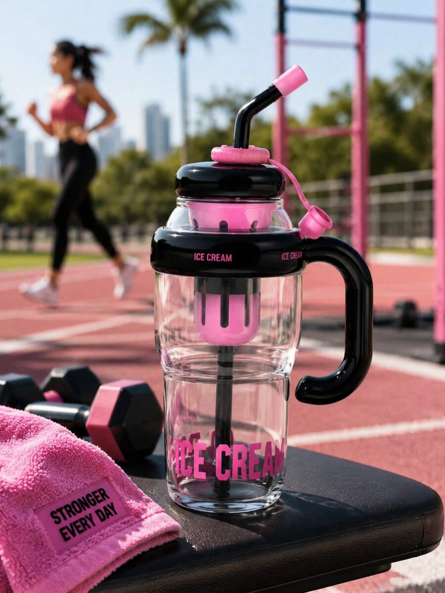 1pc Large Capacity Straw Ice Cup (Lucky Cat Design), 1200ml Sports Water Bottle, Summer Plastic Cup, Bubble Tea Cup, Large Capacity Cute Big Belly Straw Ice Cup, Outdoor Travel Water Bottle - Multicolor - View 1