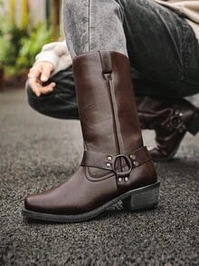 Striped Western Style Microfiber Leather Texture Western Boots Men's Riding Boots Outdoor All Season - Brown - View 3