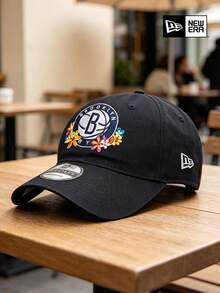 New Era Brooklyn Nets 花卉刺繡棒球帽，黑色寬鬆可調節  運動老爹帽，適合街頭休閒戶外防曬 - 黑色 - 查看 4