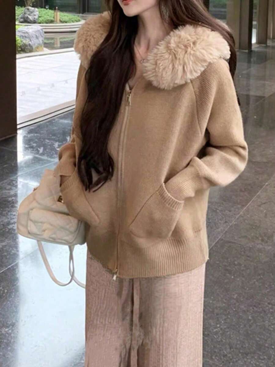 女款鬆弛感毛領連帽針織開襟毛衣外套，寬鬆修身前開襟上衣，秋季