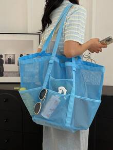 1件裝絎縫開口式網格純色沙灘包，大容量海灘旅行度假收納袋，便攜可折疊游泳健身收納袋洗澡包，旅行網格鏤空袋，浴室玩具收納袋 - 藍色 - 查看 4