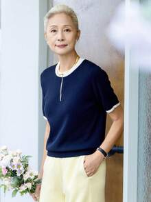 女款時尚海軍藍針織毛衣上衣，前拉鍊對比飾邊上衣，適合萬聖節、感恩節、聖誕節週末穿搭 - 藏蓝色 - 查看 2